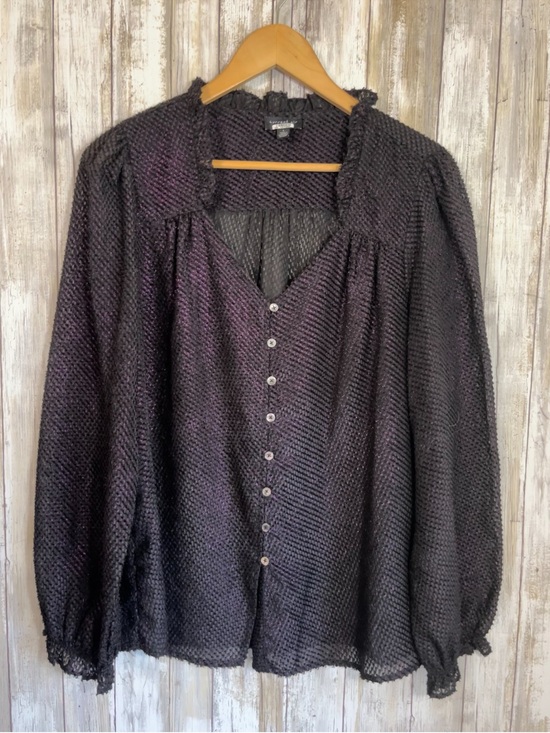 Current Air Tops - Current Air Black Textured Blouse Large Sheer Ruffle Neck Button Front Boho Top